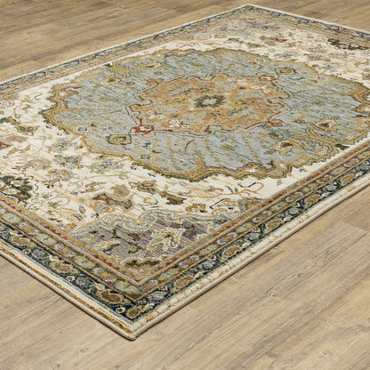 Andorra Medallion Ivory/ Blue Oriental Cut Pile Rug
