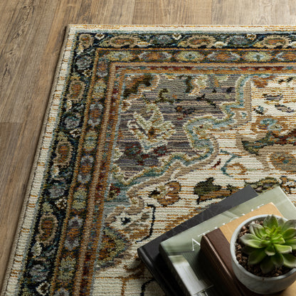 Andorra Medallion Ivory/ Blue Oriental Cut Pile Rug