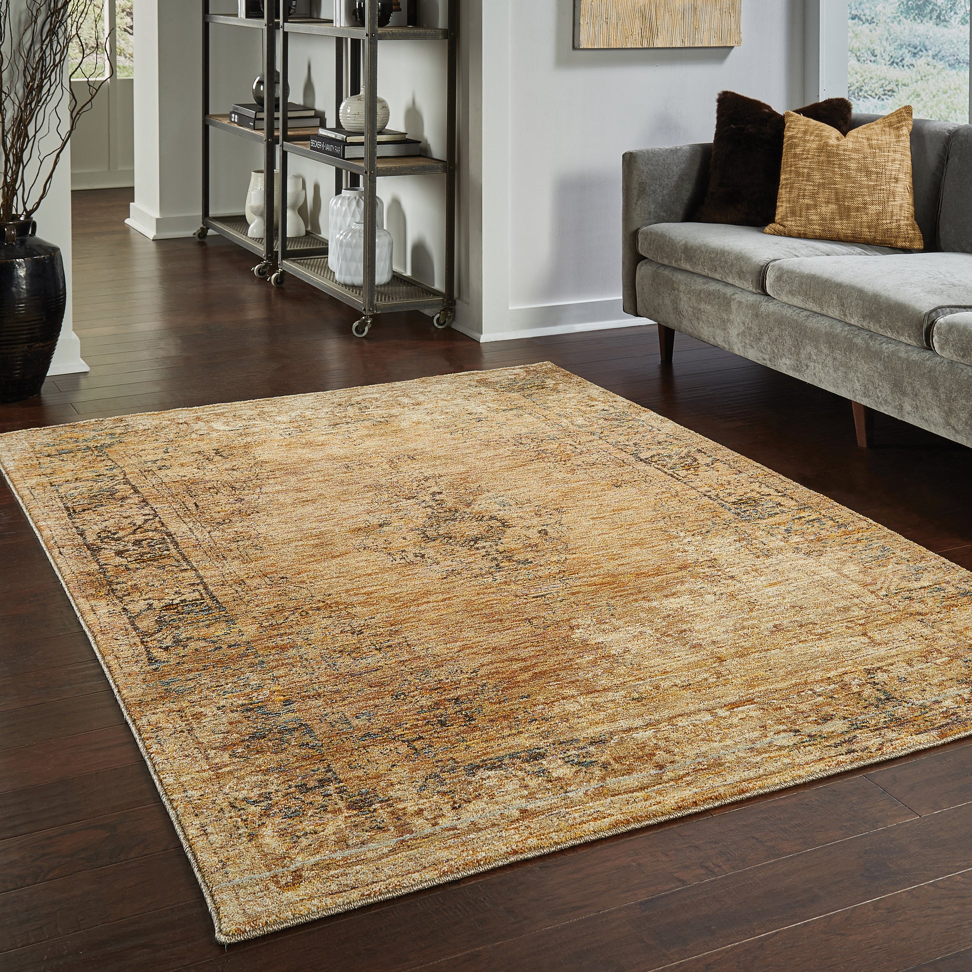 Andorra Distressed Gold/ Brown Oriental Cut Pile Rug