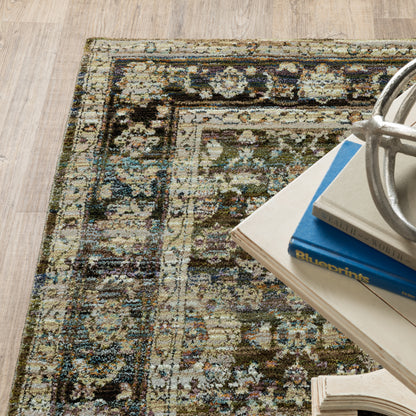 Andorra Distressed Green/ Brown Oriental Cut Pile Rug
