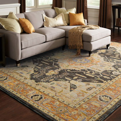 Andorra Medallion Gold/ Grey Oriental Cut Pile Rug