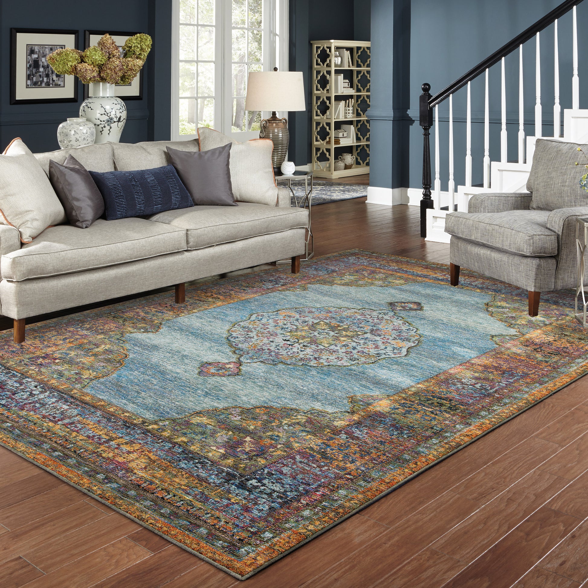 Andorra Medallion Blue/ Multi Oriental Cut Pile Rug
