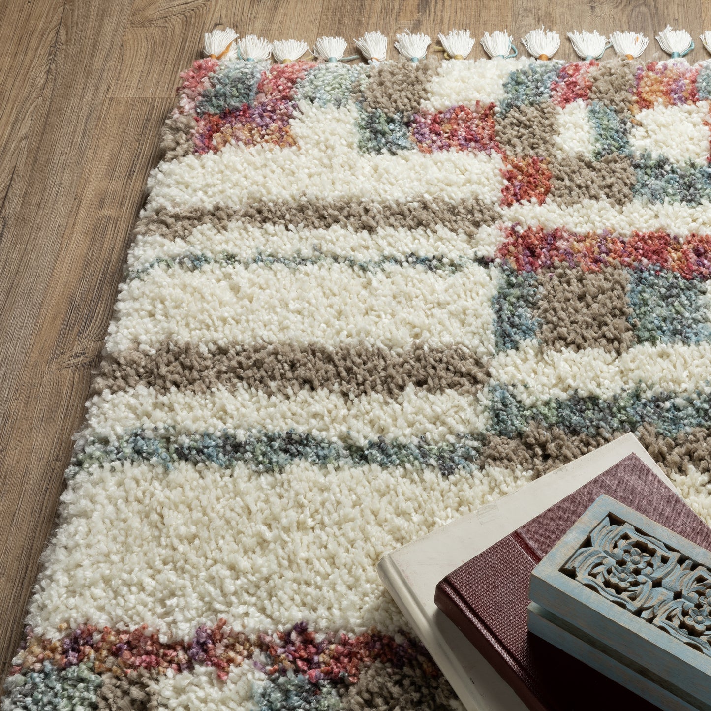 Axis Abstract Ivory/ Multi Stripe Cut Pile Rug