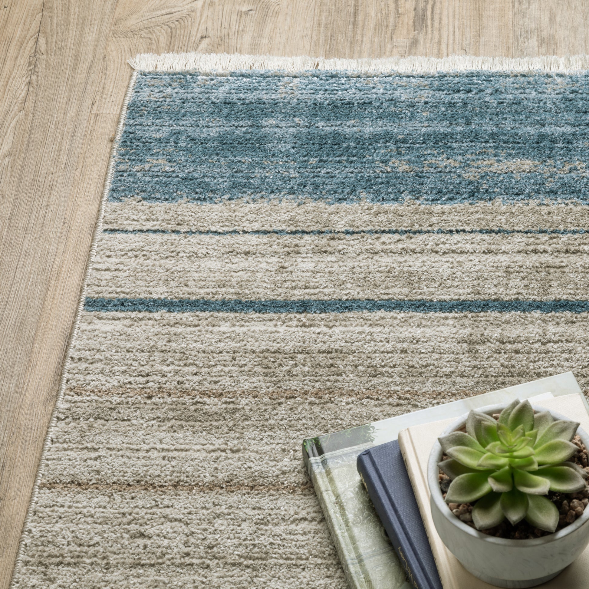Bauer Distressed Blue/ Beige Stripe Cut Pile Rug