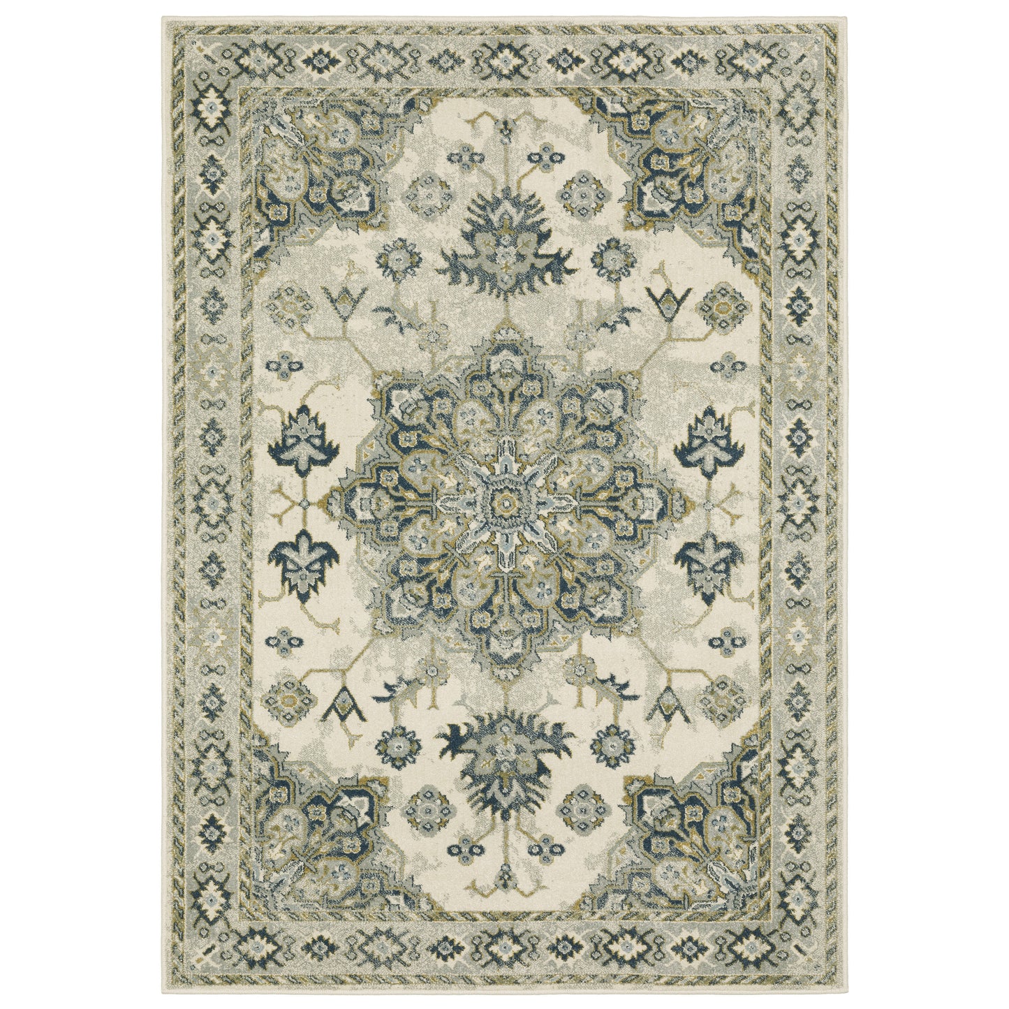 Branson Medallion Ivory/ Blue Oriental Cut Pile Rug