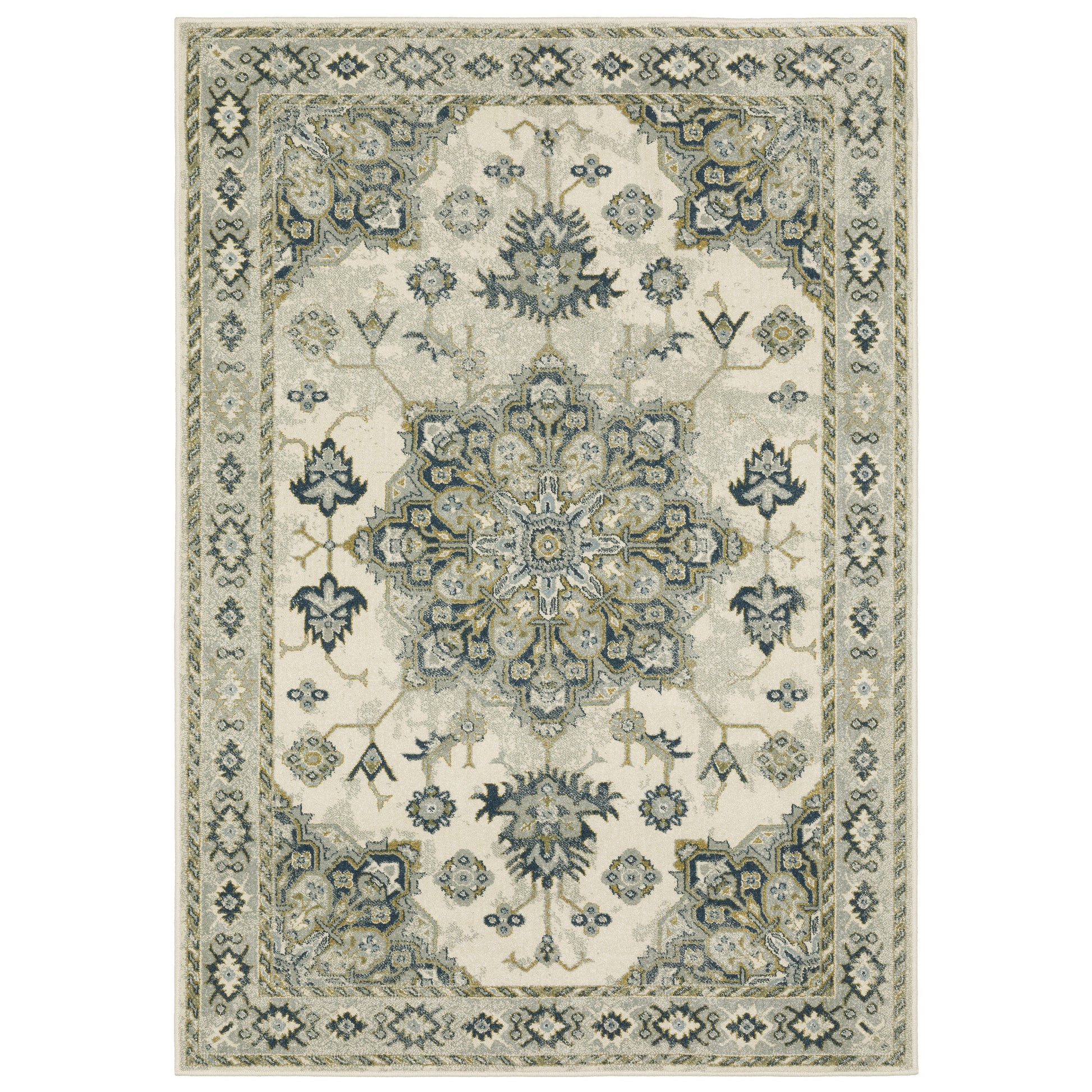 Branson Medallion Ivory/ Blue Oriental Cut Pile Rug