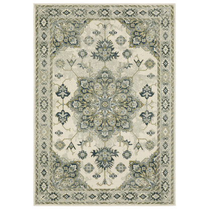 Branson Medallion Ivory/ Blue Oriental Cut Pile Rug
