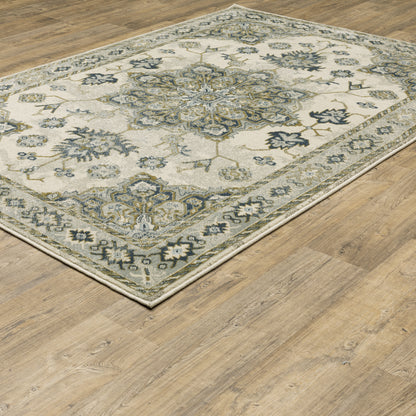 Branson Medallion Ivory/ Blue Oriental Cut Pile Rug