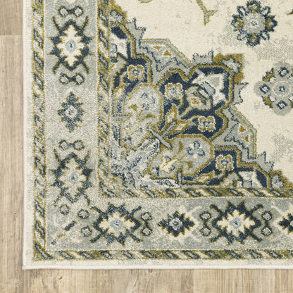 Branson Medallion Ivory/ Blue Oriental Cut Pile Rug