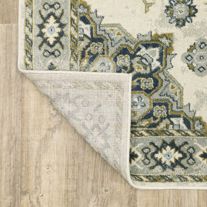 Branson Medallion Ivory/ Blue Oriental Cut Pile Rug
