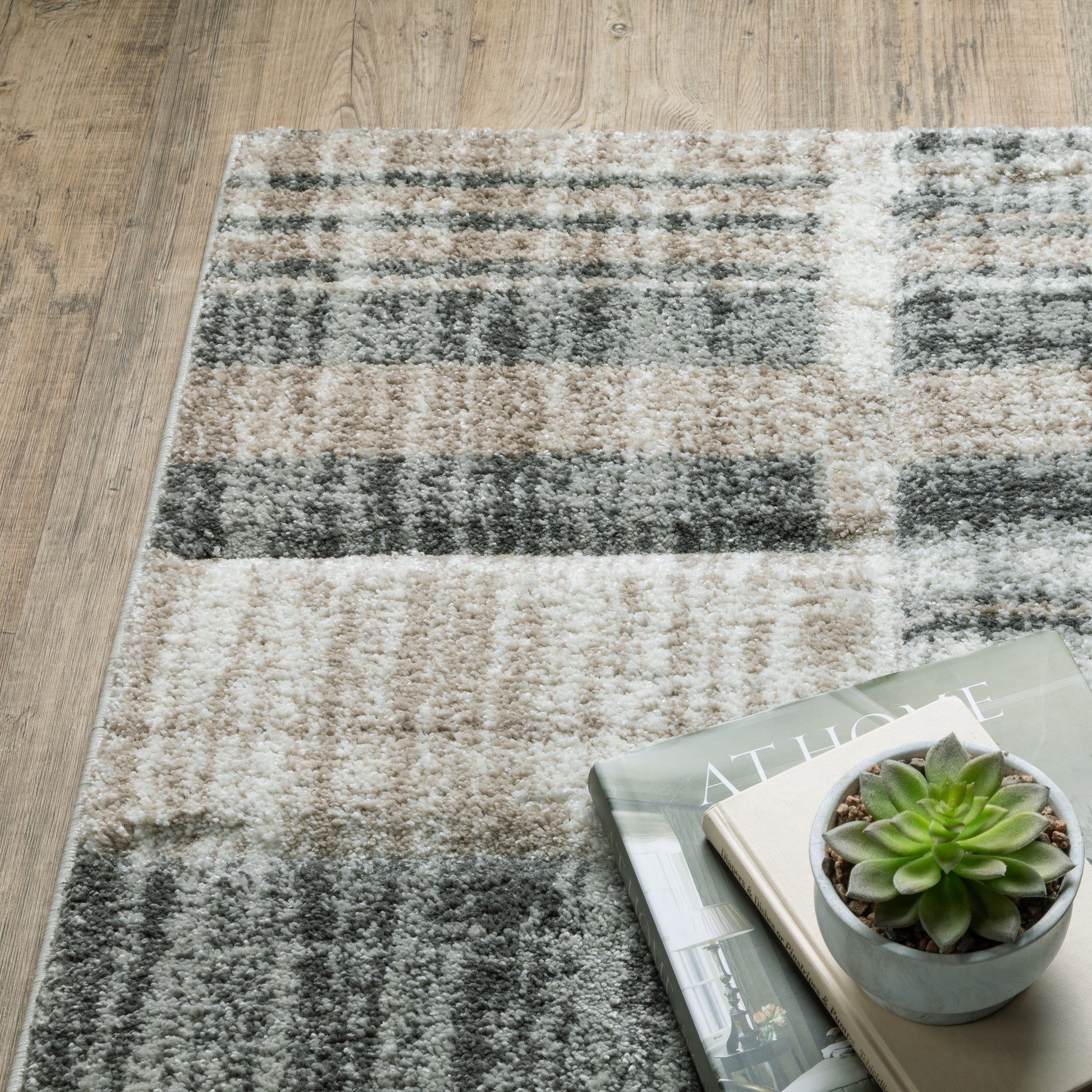 Cambria Distressed Beige/ Charcoal Stripe Cut Pile Rug