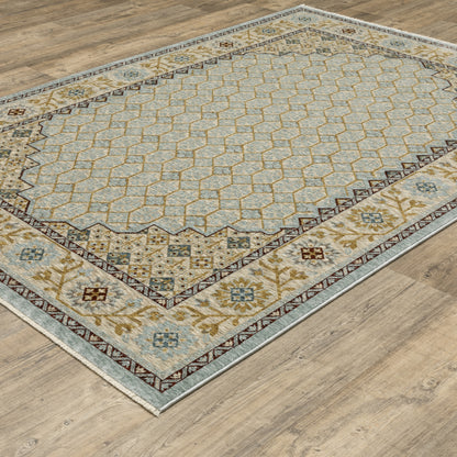 Capella Geometric Blue/ Gold Floral Cut Pile Rug