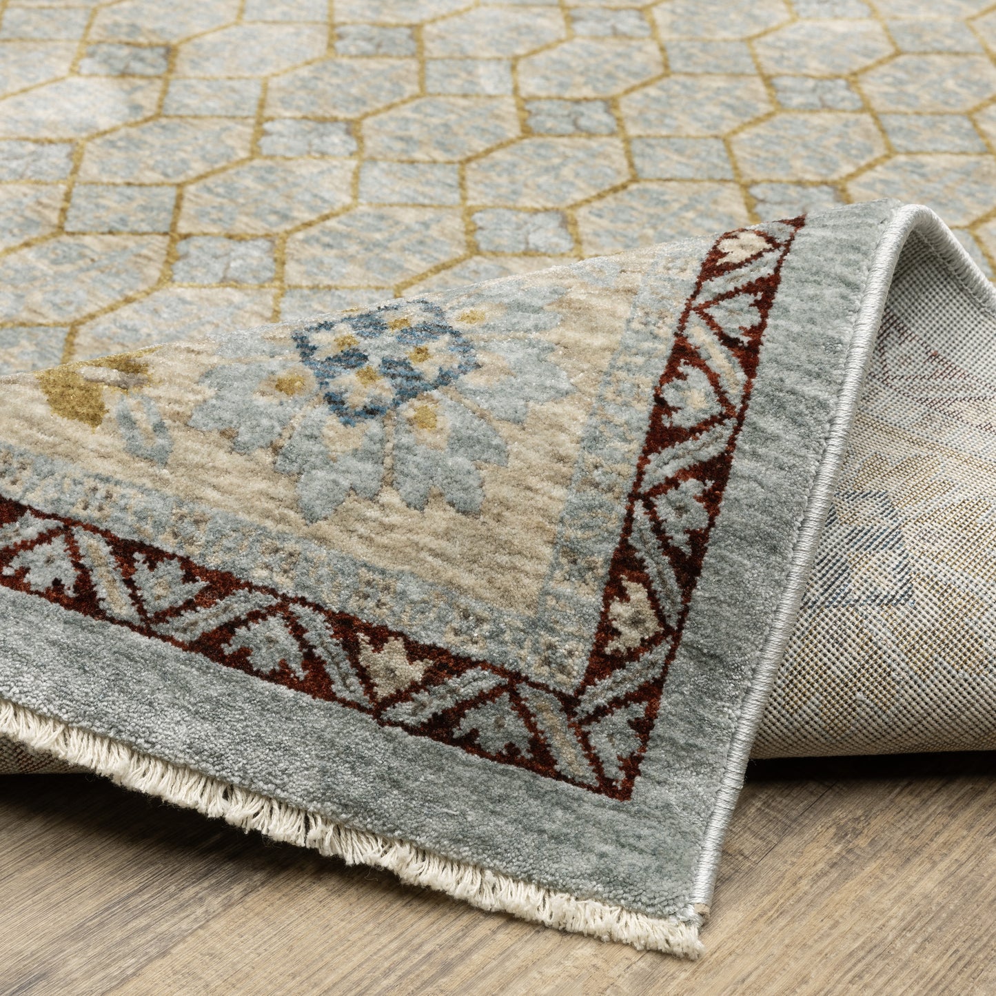 Capella Geometric Blue/ Gold Floral Cut Pile Rug