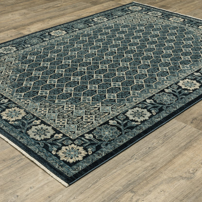 Capella Geometric Blue/ Ivory Floral Cut Pile Rug