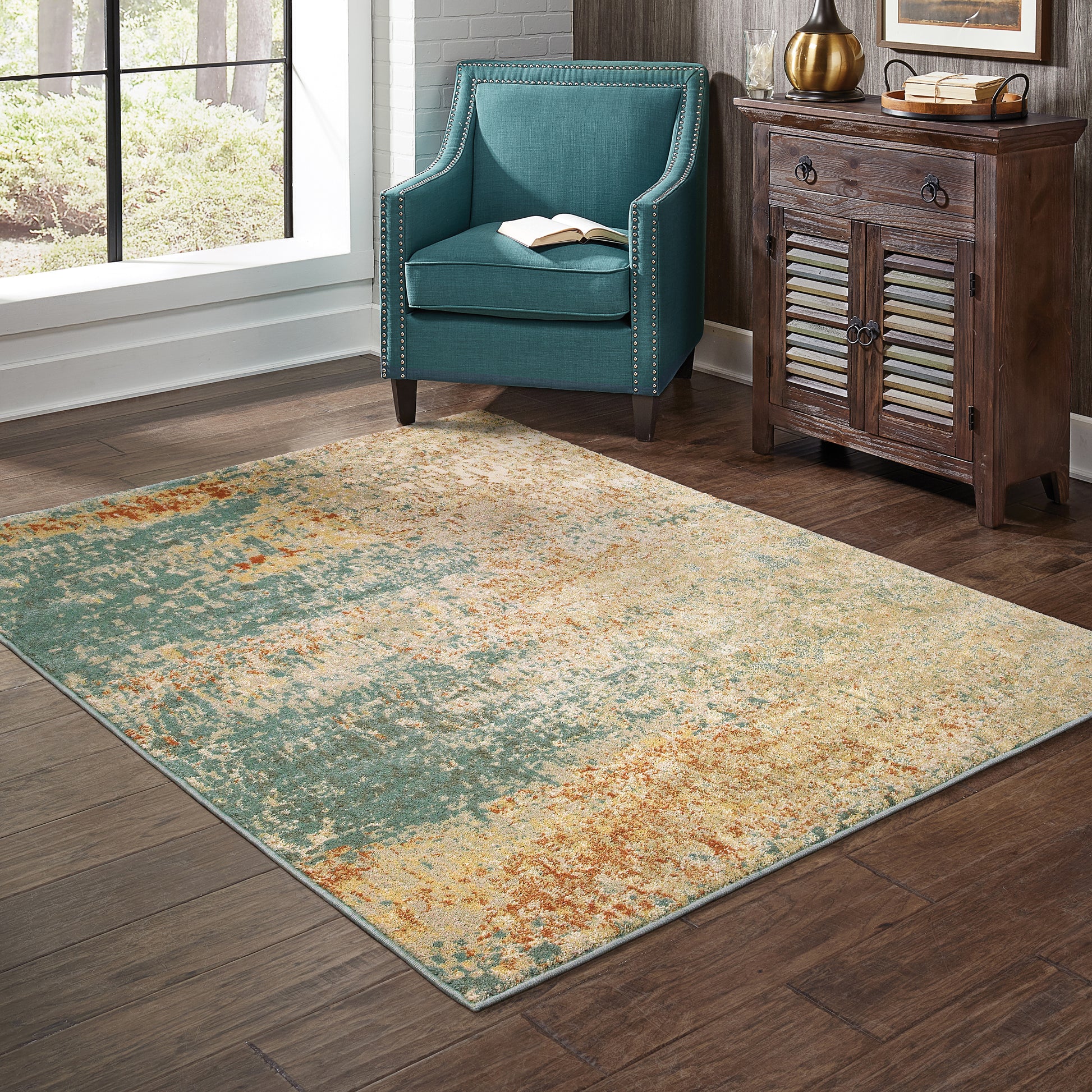 Carson Distressed Blue/ Orange Abstract Cut Pile Rug