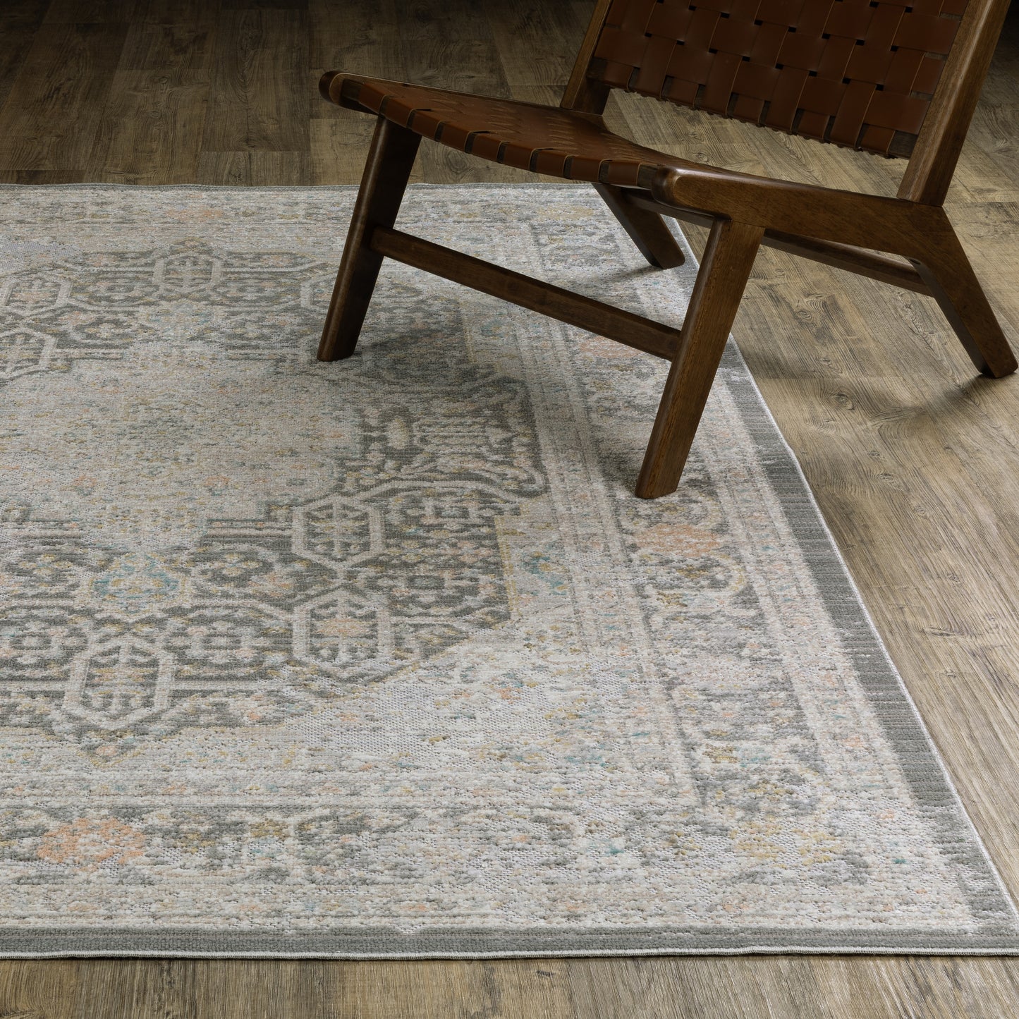 Cavett Distressed Grey/ Orange Medallion Cut Pile Rug
