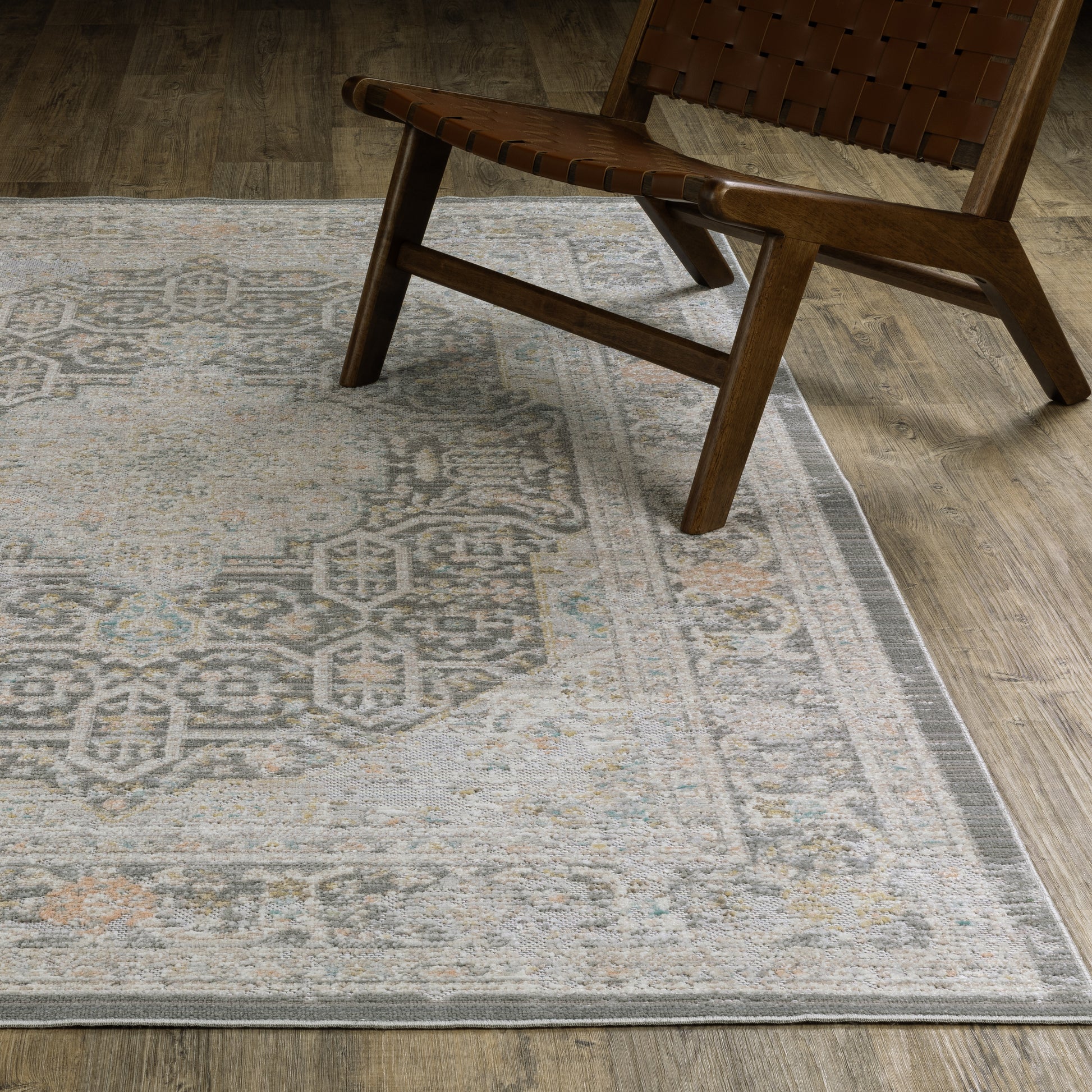 Cavett Distressed Grey/ Orange Medallion Cut Pile Rug