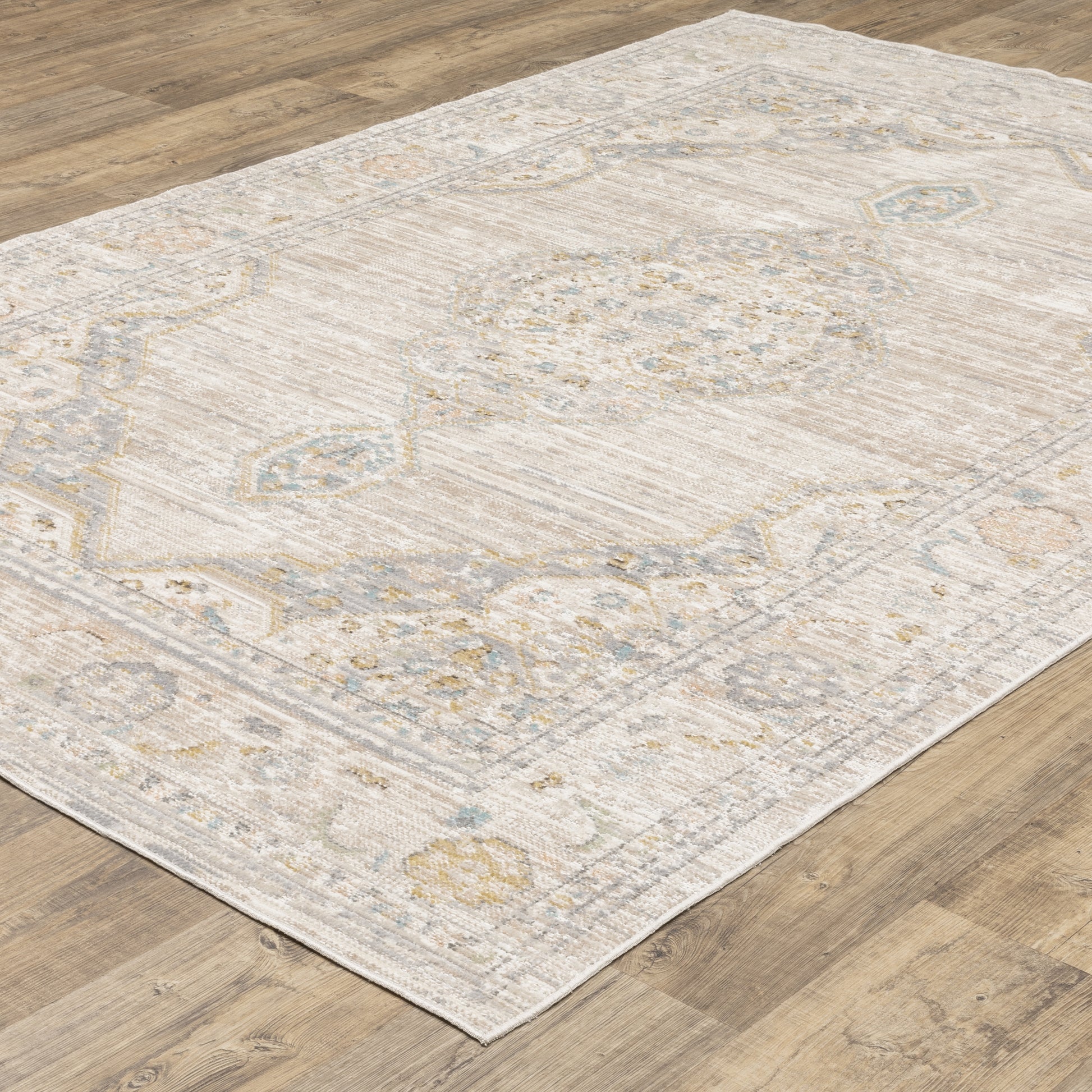 Cavett Medallion Beige/ Blue Oriental Cut Pile Rug