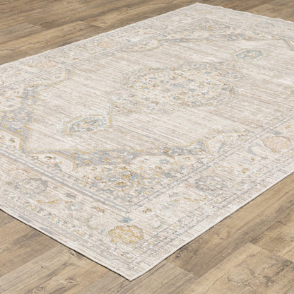 Cavett Medallion Beige/ Blue Oriental Cut Pile Rug