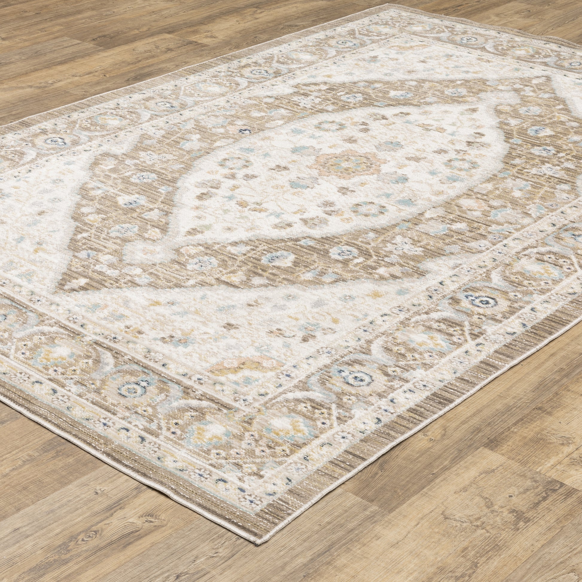 Cavett Medallion Brown/ Blue Oriental Cut Pile Rug