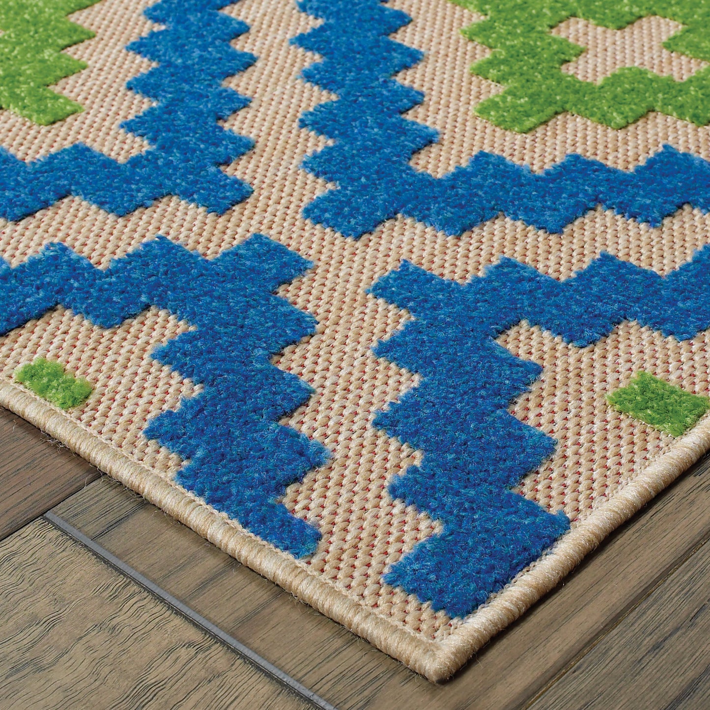 Cayman Lattice Sand/ Blue Outdoor Mixed Pile Rug