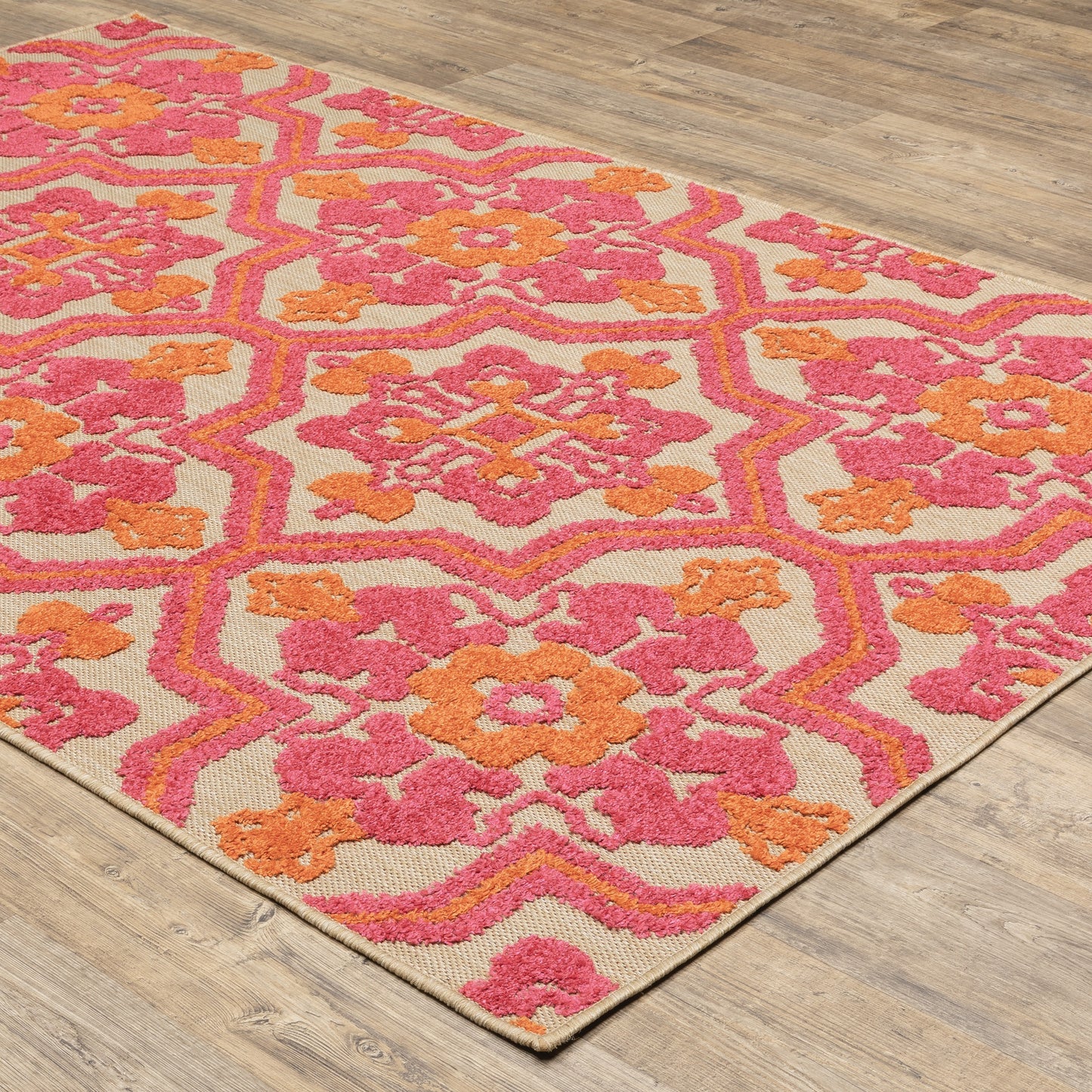 Cayman Medallion Sand/ Pink Outdoor Mixed Pile Rug