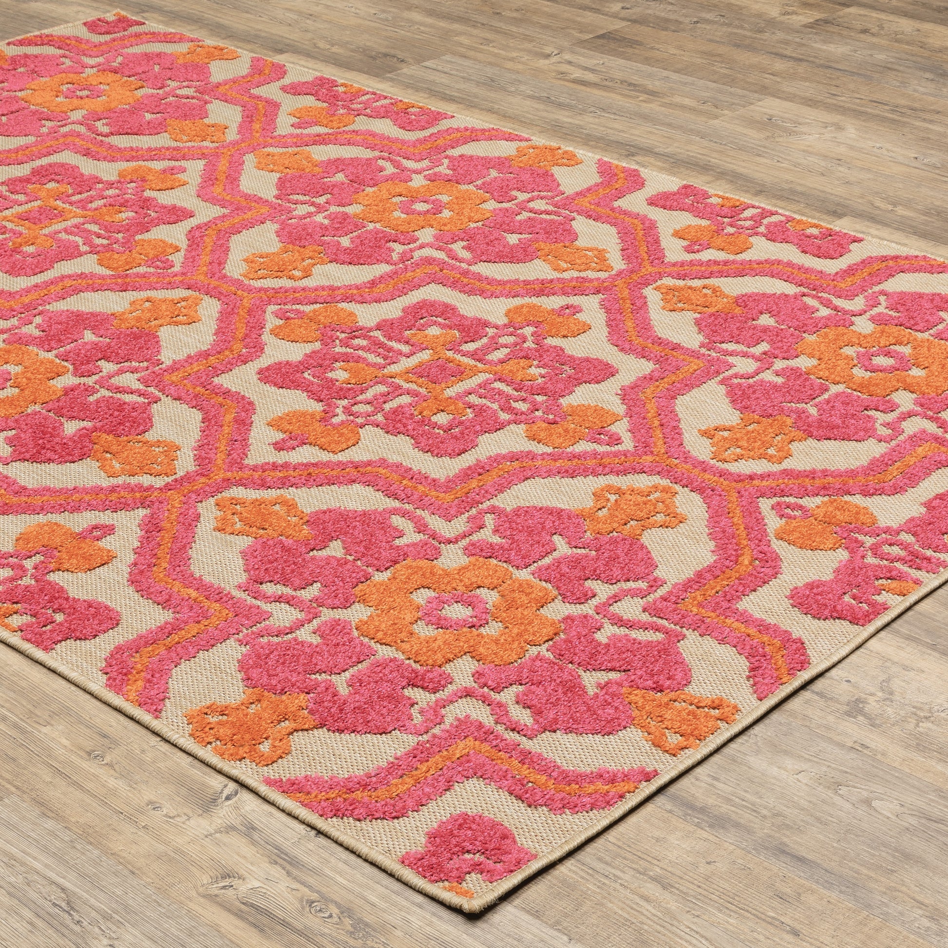 Cayman Medallion Sand/ Pink Outdoor Mixed Pile Rug