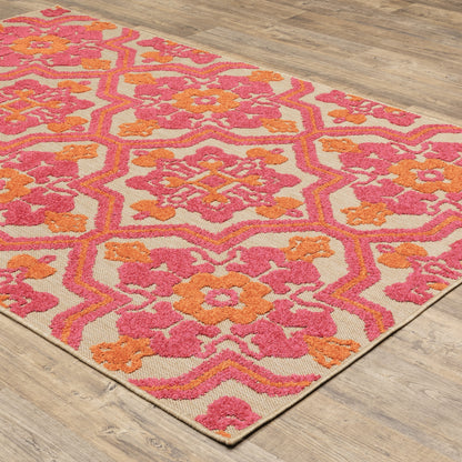 Cayman Medallion Sand/ Pink Outdoor Mixed Pile Rug