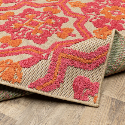 Cayman Medallion Sand/ Pink Outdoor Mixed Pile Rug