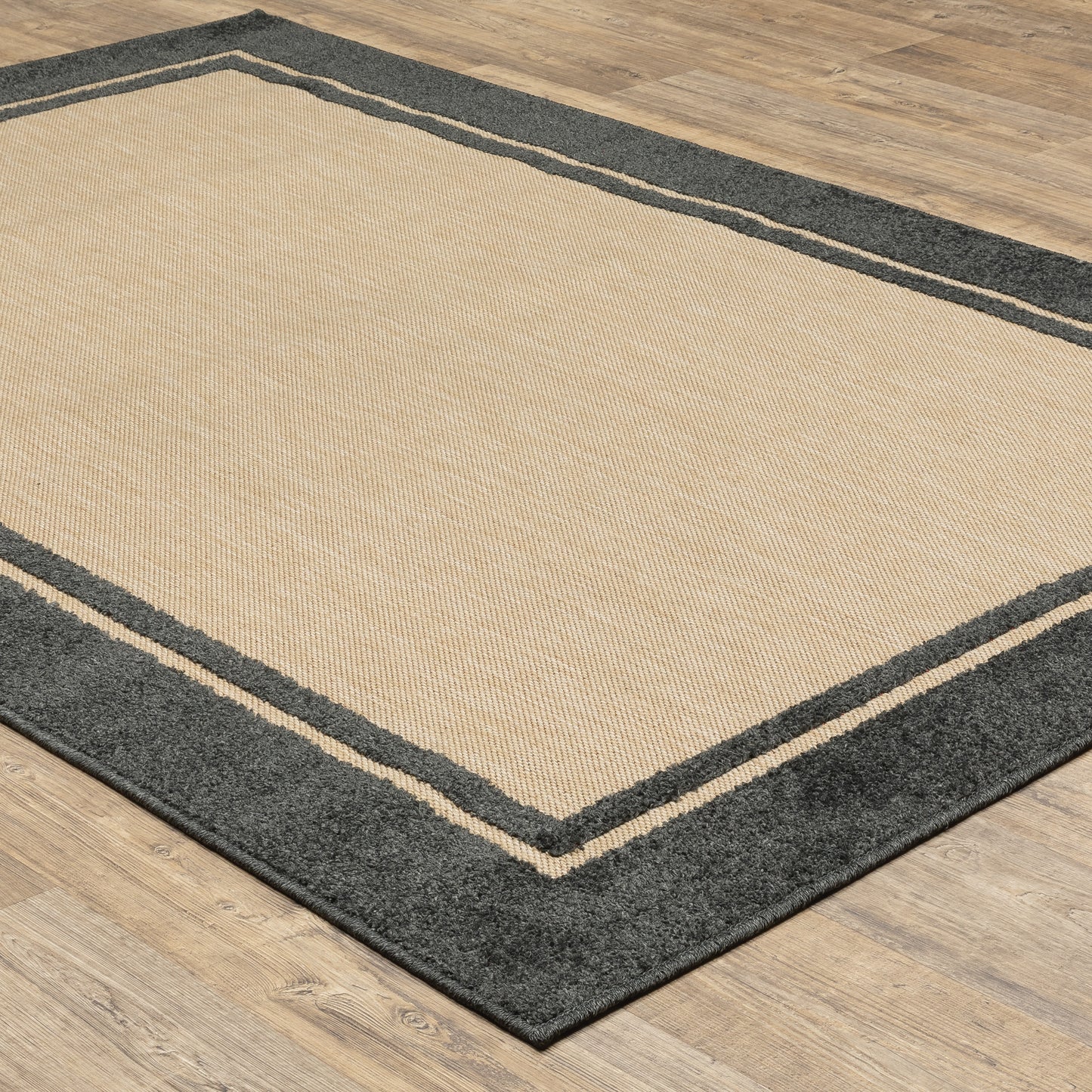 Cayman Outdoor Sand/ Charcoal Border Mixed Pile Rug