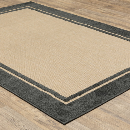 Cayman Outdoor Sand/ Charcoal Border Mixed Pile Rug