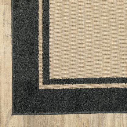 Cayman Outdoor Sand/ Charcoal Border Mixed Pile Rug