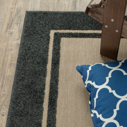 Cayman Outdoor Sand/ Charcoal Border Mixed Pile Rug