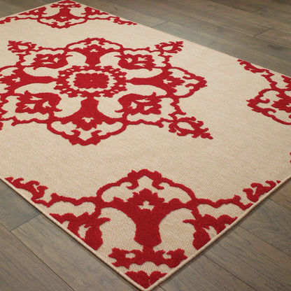 Cayman Medallion Sand/ Red Outdoor Mixed Pile Rug
