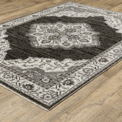 Chamberlain Medallion Charcoal/ Ivory Distressed Cut Pile Rug