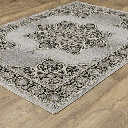 Chamberlain Medallion Grey/ Black Floral Cut Pile Rug