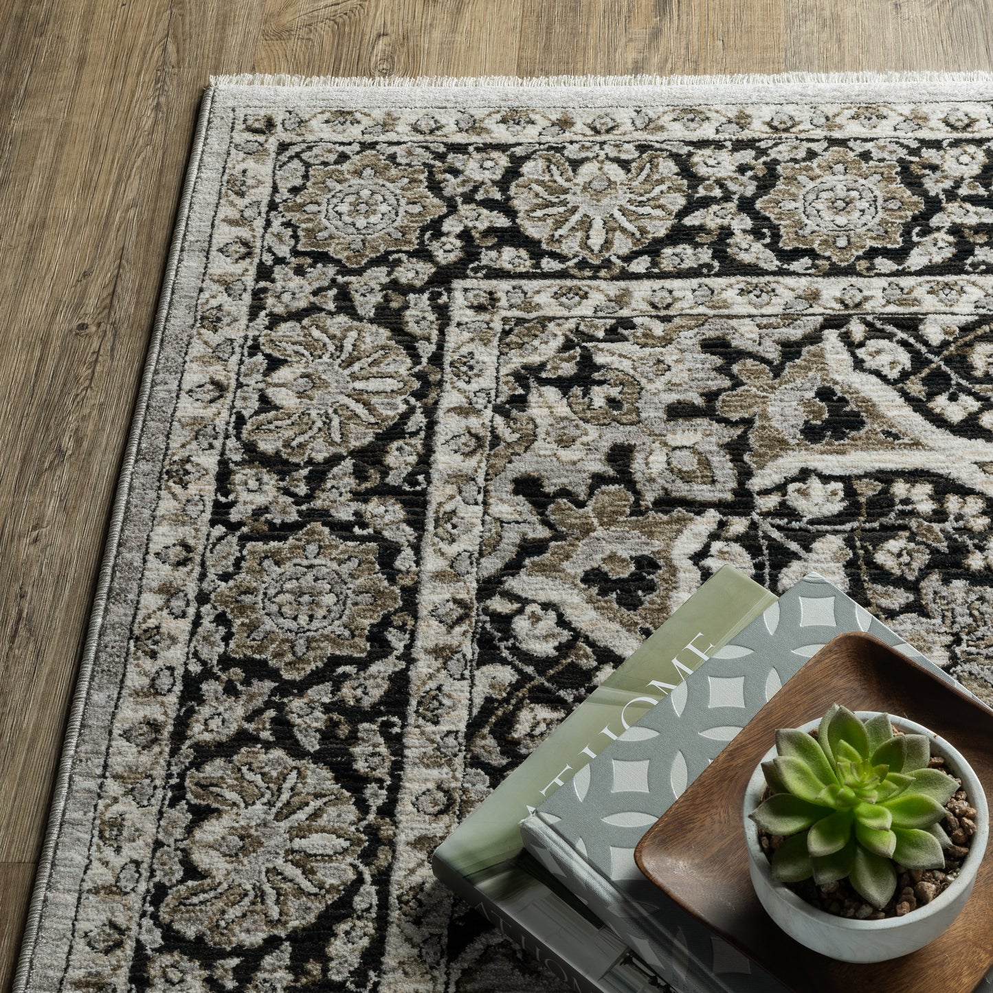 Chamberlain Medallion Grey/ Black Floral Cut Pile Rug