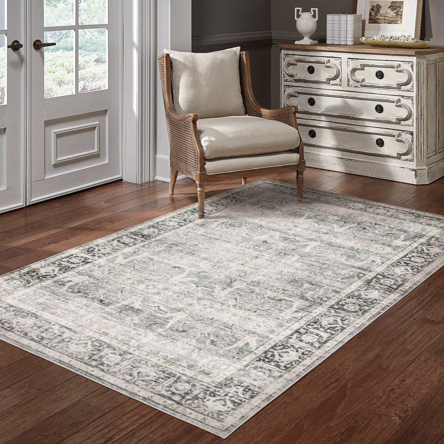 Charleston Distressed Charcoal/ Grey Oriental Flat Weave Rug