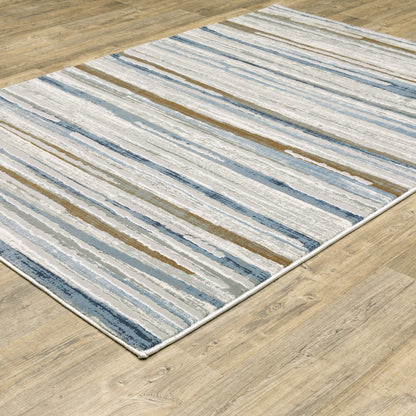 Easton Stripe Beige/ Blue Distressed Cut Pile Rug