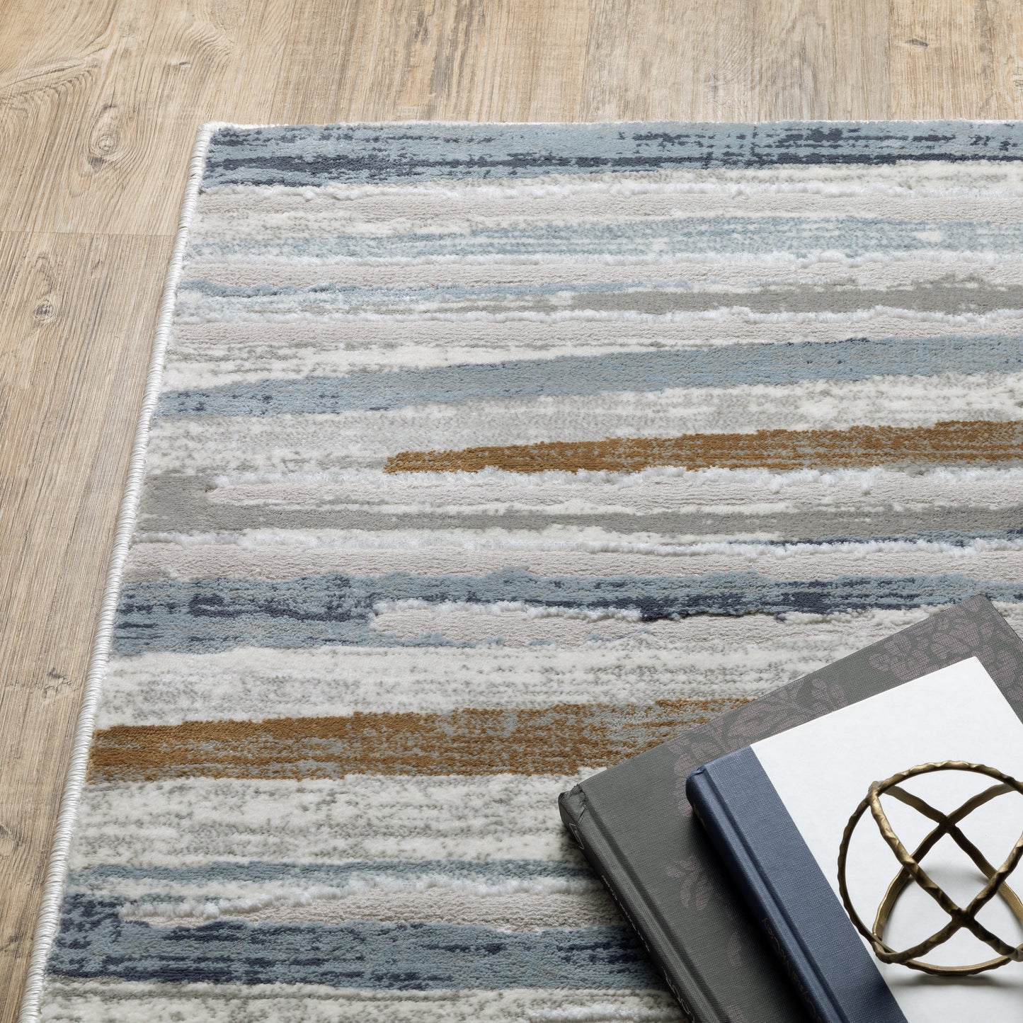 Easton Stripe Beige/ Blue Distressed Cut Pile Rug