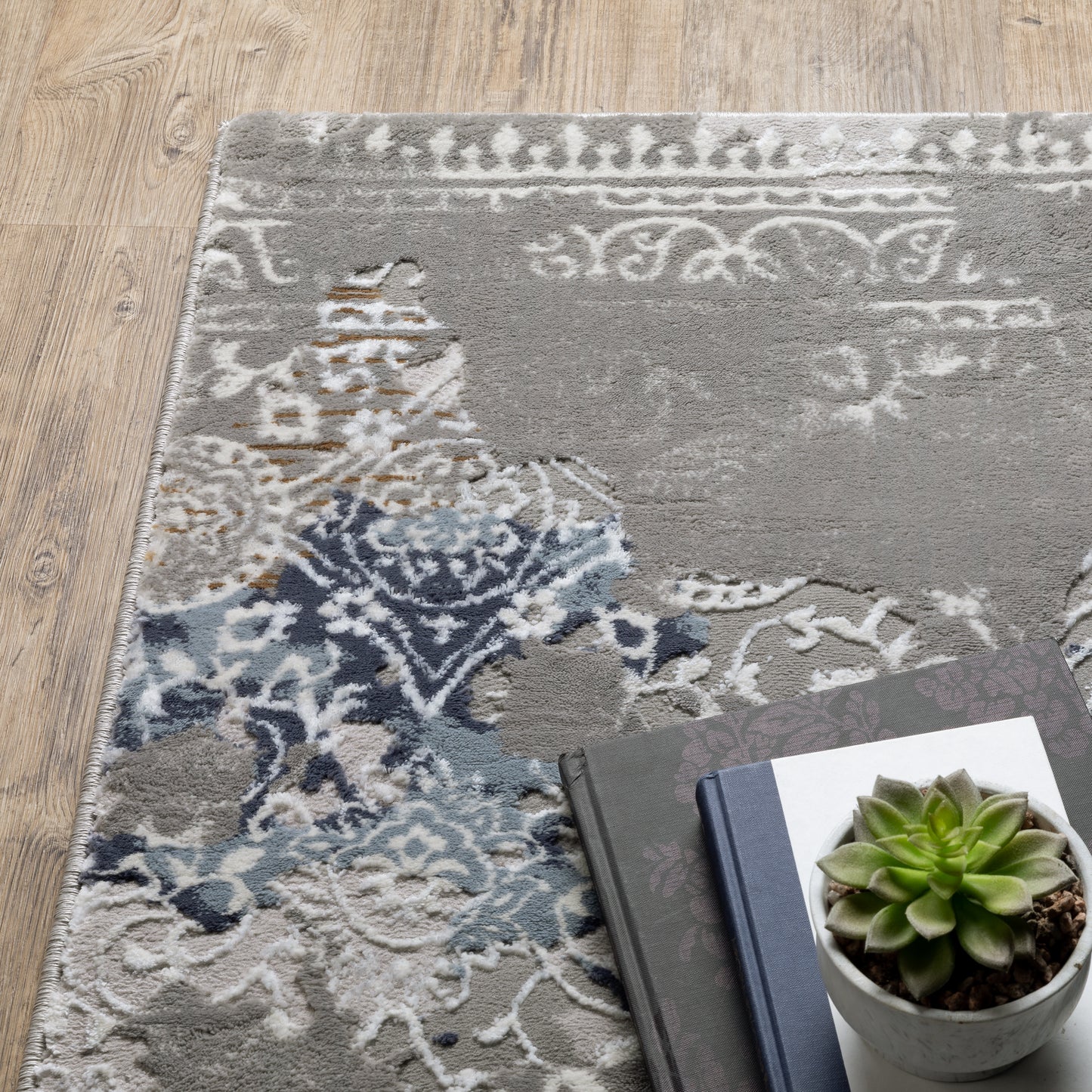 Easton Distressed Grey/ Blue Oriental Cut Pile Rug