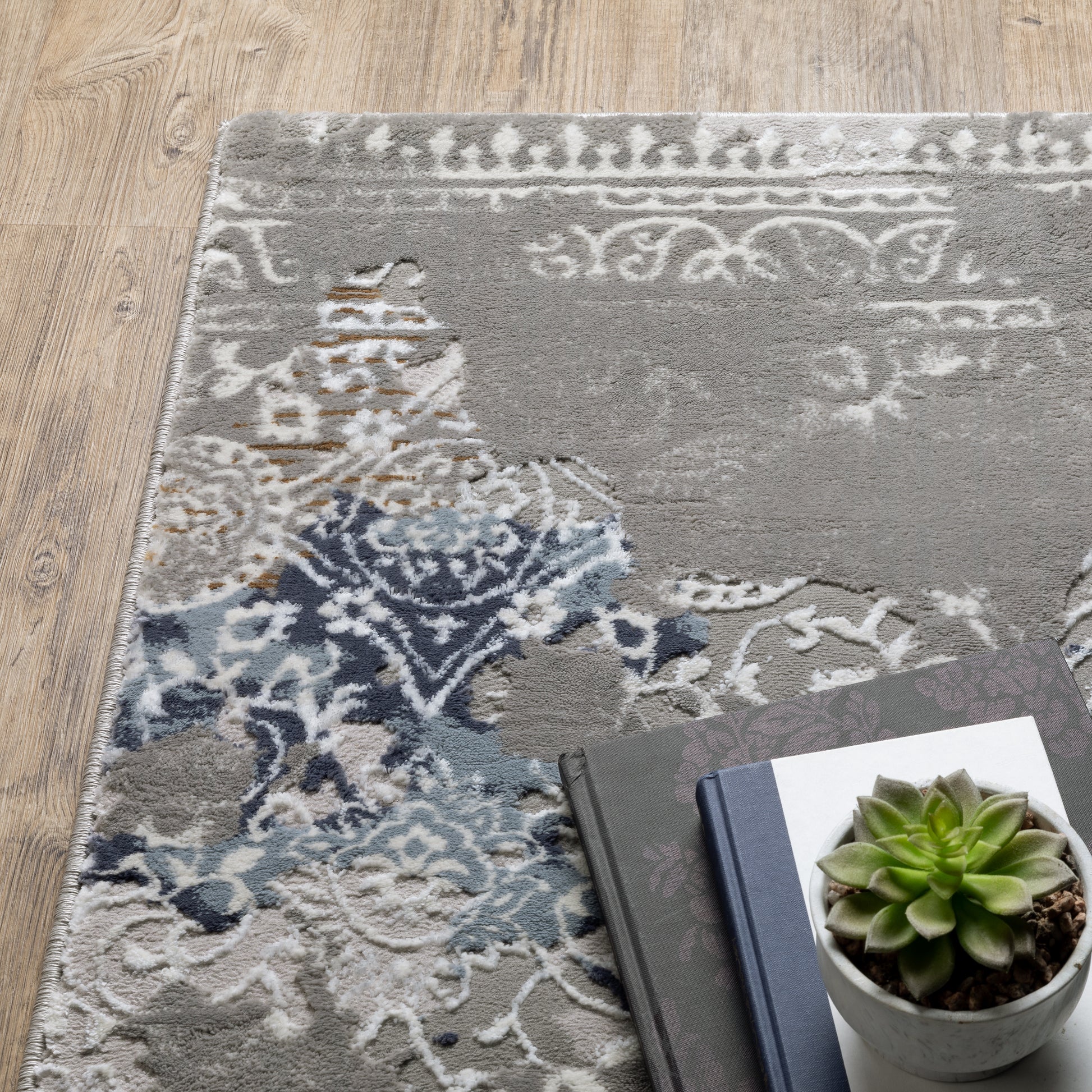 Easton Distressed Grey/ Blue Oriental Cut Pile Rug