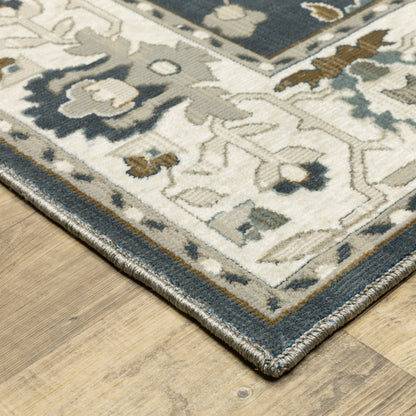 Ellington Floral Blue/ Beige Oriental Cut Pile Rug