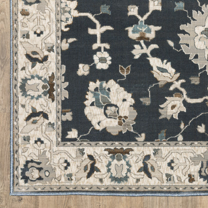 Ellington Floral Blue/ Beige Oriental Cut Pile Rug