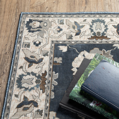 Ellington Floral Blue/ Beige Oriental Cut Pile Rug