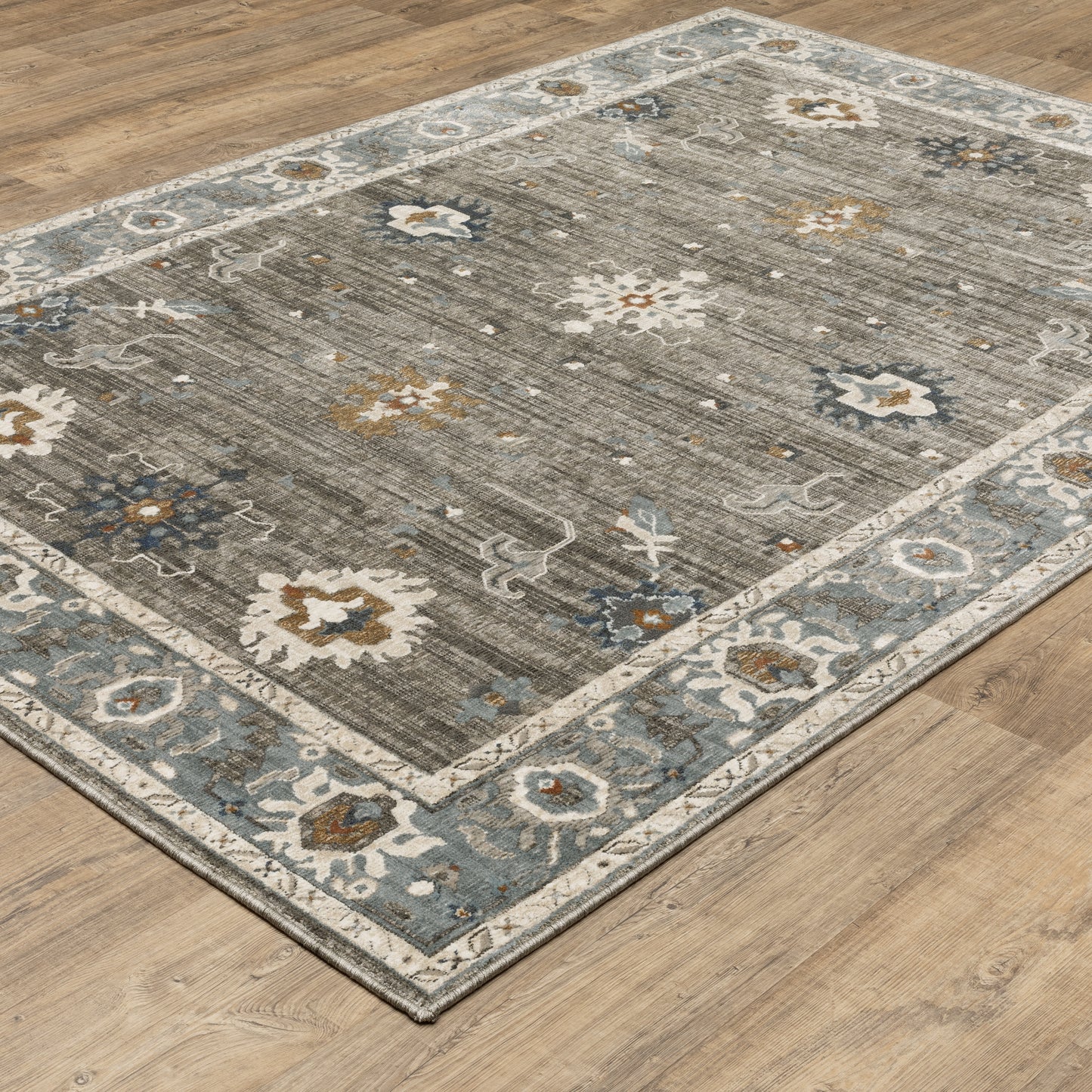 Ellington Floral Grey/ Blue Oriental Cut Pile Rug