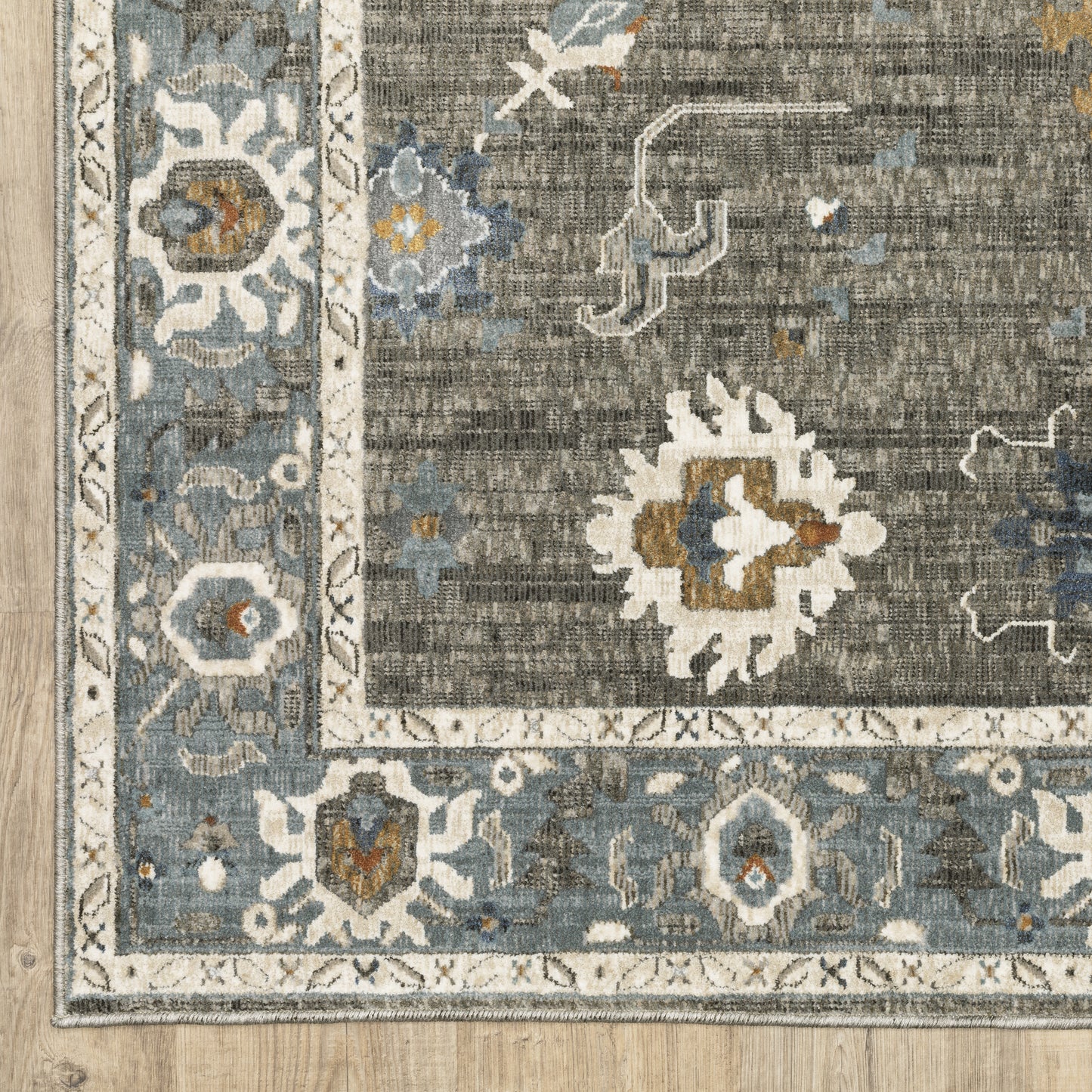 Ellington Floral Grey/ Blue Oriental Cut Pile Rug