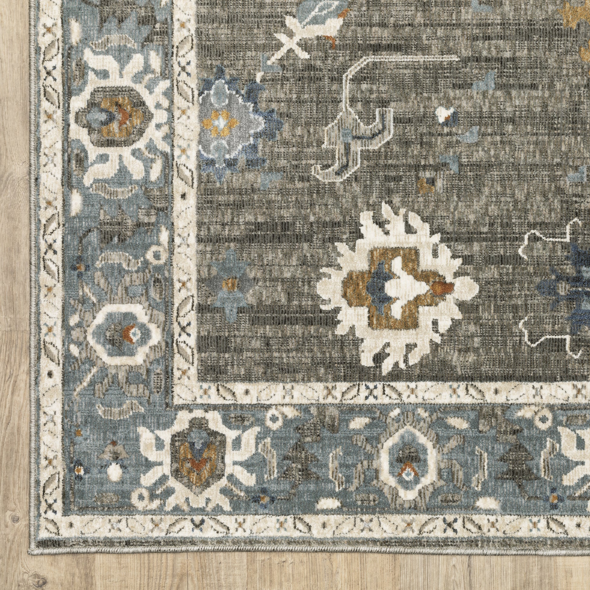 Ellington Floral Grey/ Blue Oriental Cut Pile Rug