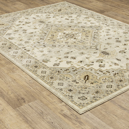 Florence Medallion Beige/ Grey Oriental Cut Pile Rug