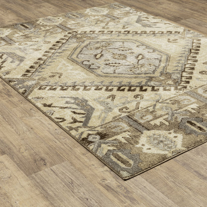 Florence Oriental Beige/ Gold Medallion Cut Pile Rug
